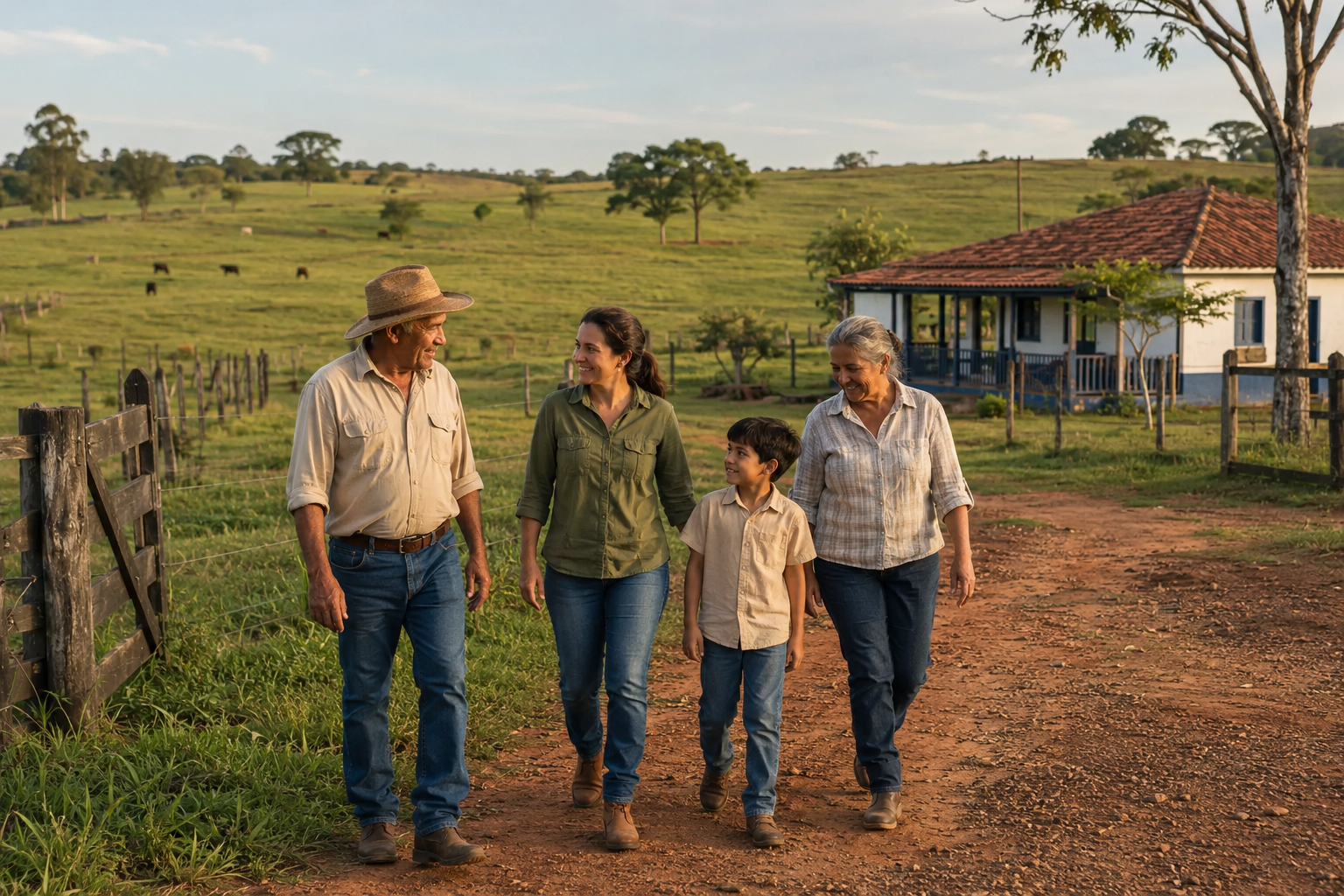 Família caminhando em propriedade rural